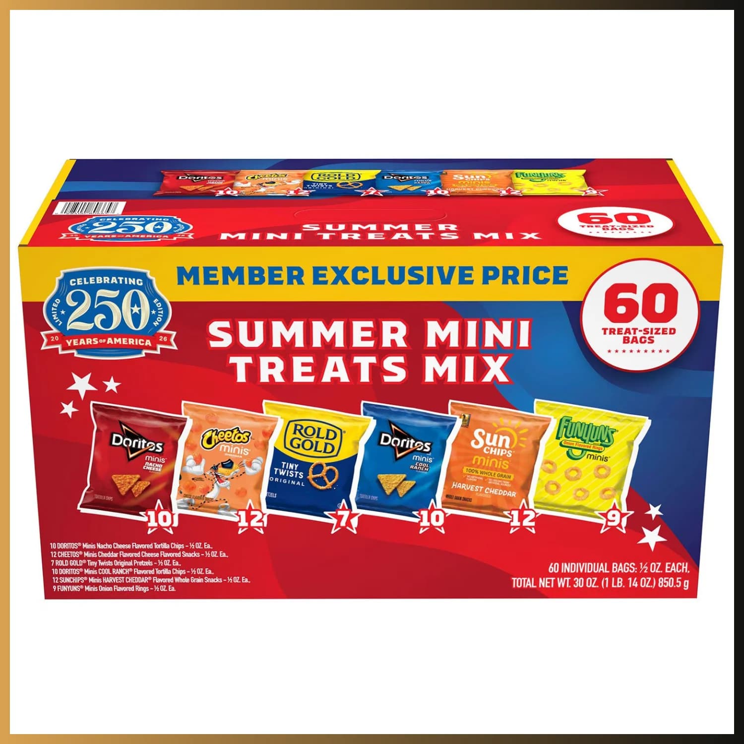 Frito-Lay Summer Mini Chips & Treat Mix Variety Pack 0.5 Oz Bags 60 Pack Snacks
