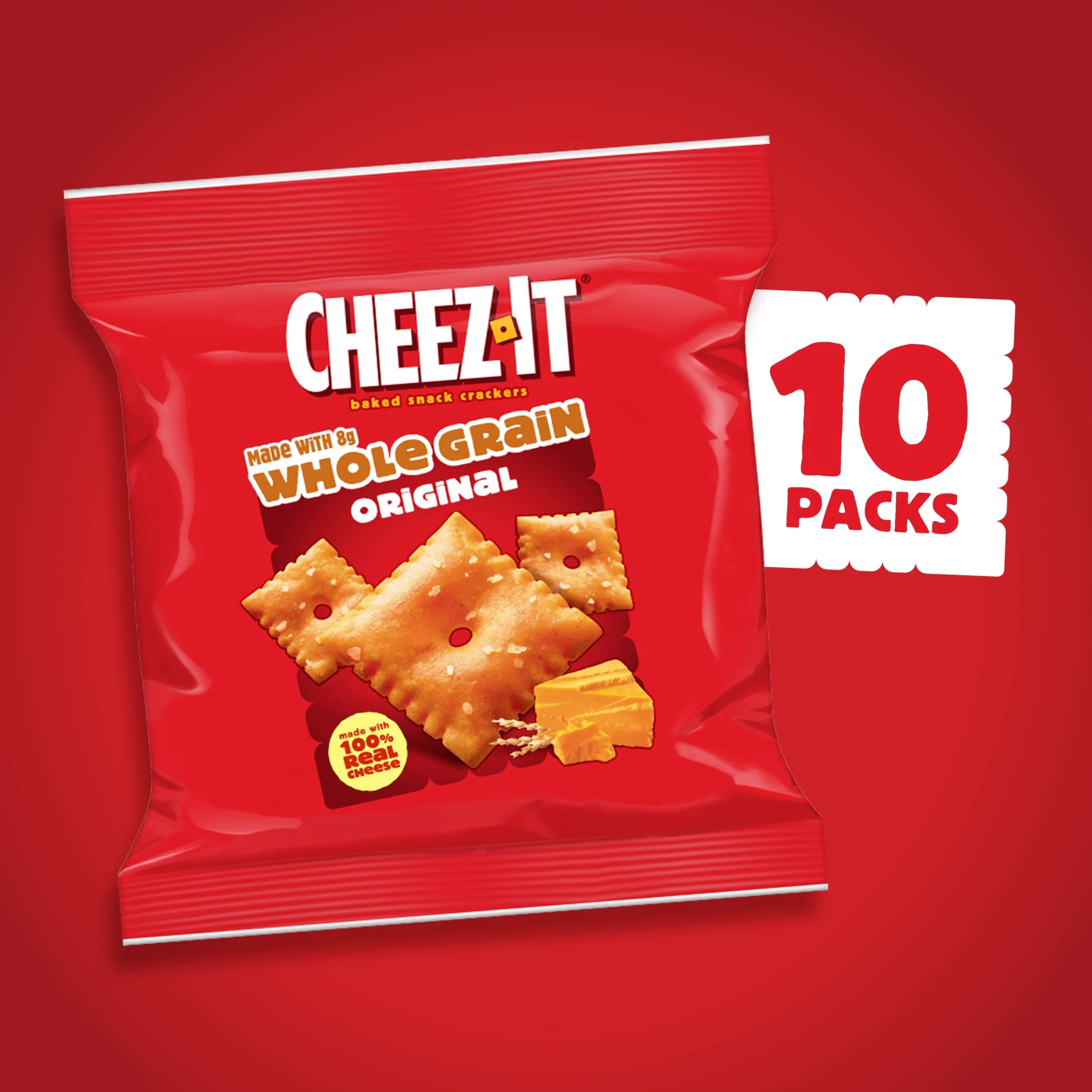 Cheez-It Baked Snack Crackers, Made with Whole Grain, Lunch Snacks, Original, 10oz Box (10 Pouches) — view 3