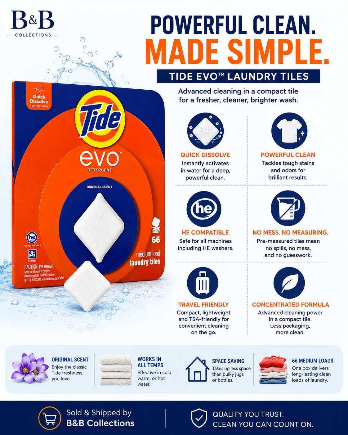Tide evo Laundry Detergent Tiles, Original Scent, Quick Dissolve Concentrated Laundry Soap, HE Compatible, 66 Medium Loads — view 5