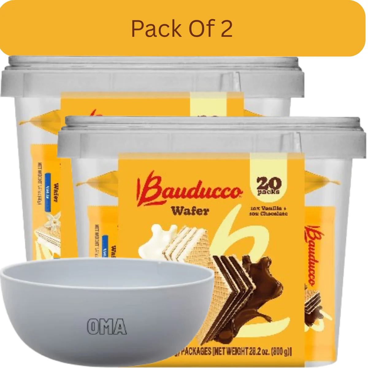 Bauducco Wafer Tub, Crispy Assorted Snack Wafers, 20 Count With White Bowl By OMA