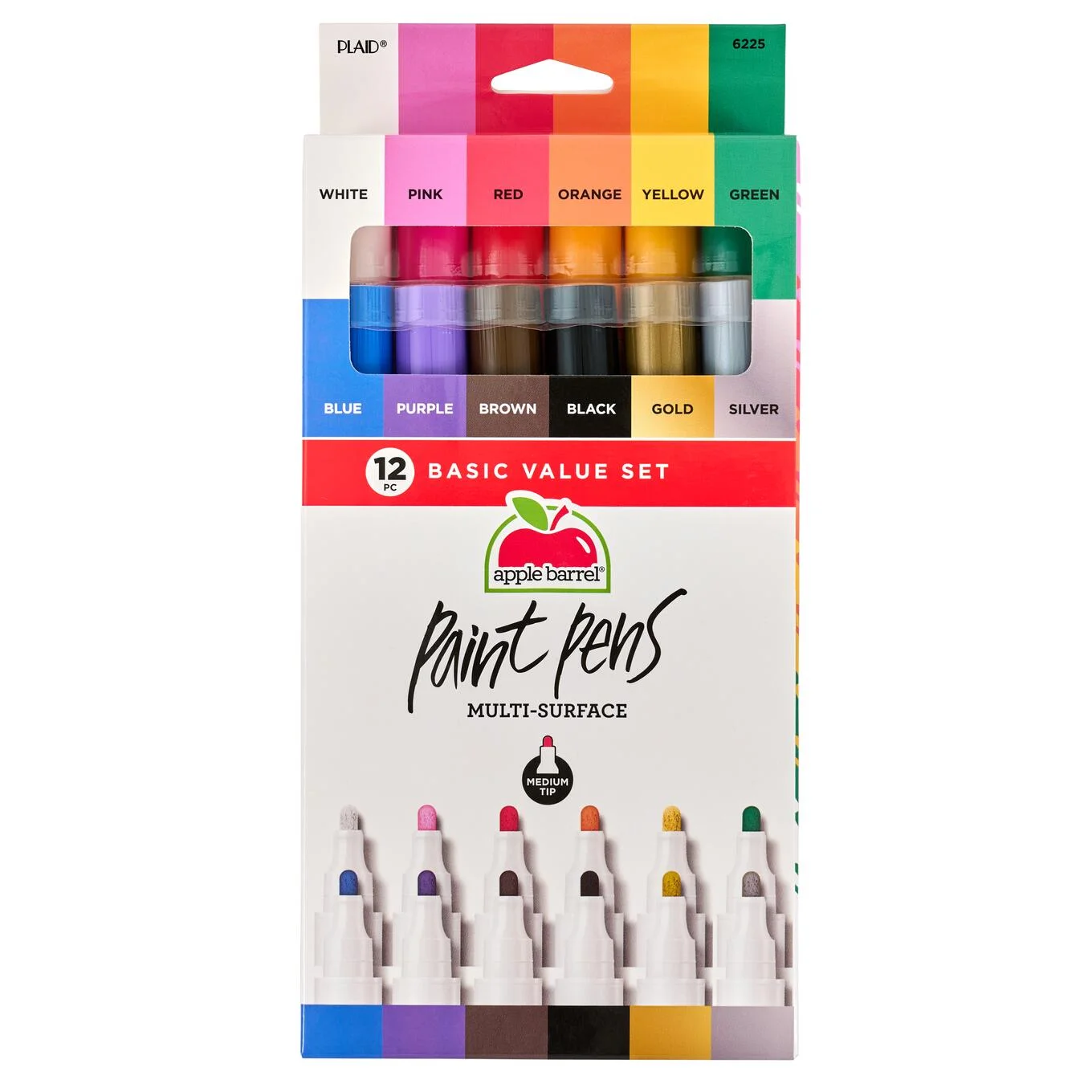 Apple Barrel Multi-Surface Paint Pens Basic Value Set, Medium Tip, 12 Piece