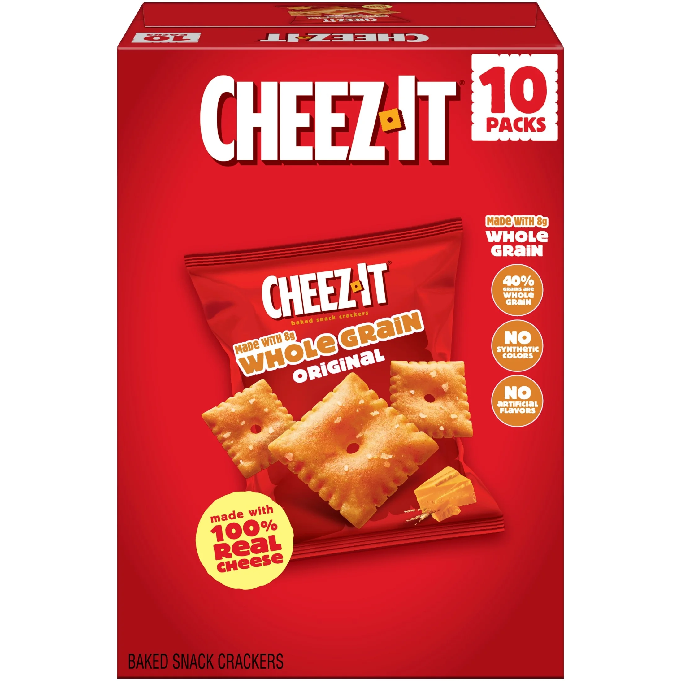Cheez-It Baked Snack Crackers, Made with Whole Grain, Lunch Snacks, Original, 10oz Box (10 Pouches)