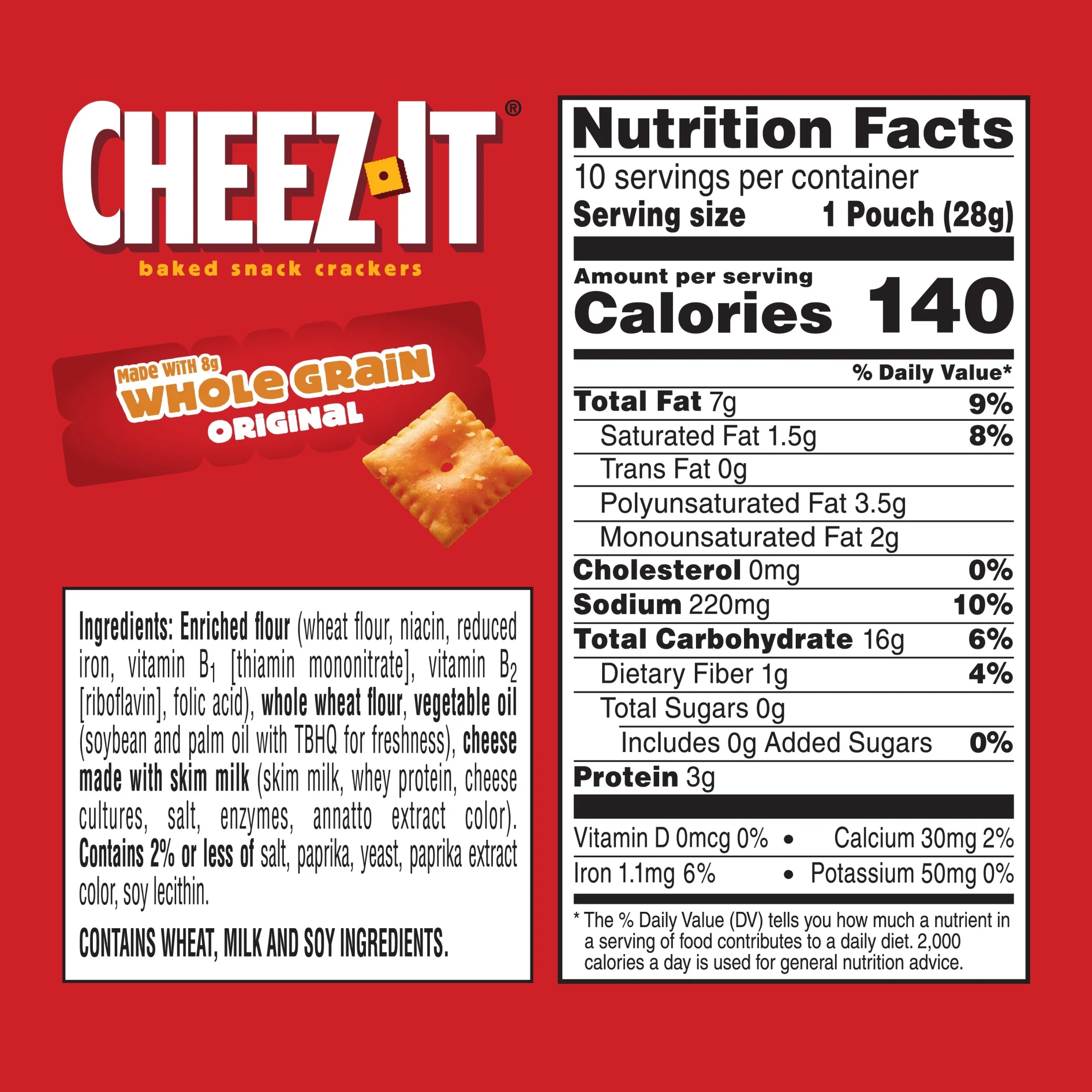 Cheez-It Baked Snack Crackers, Made with Whole Grain, Lunch Snacks, Original, 10oz Box (10 Pouches) — view 5