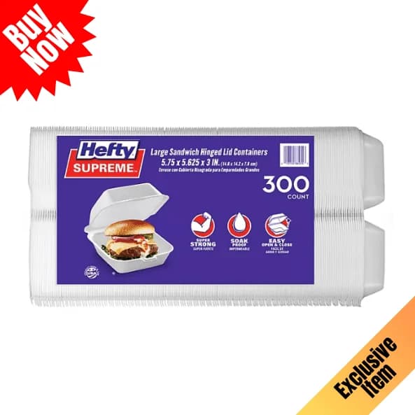 Hefty Supreme Large Sandwich Foam Hinged Lid Containers, 6 Inch, 300 Count