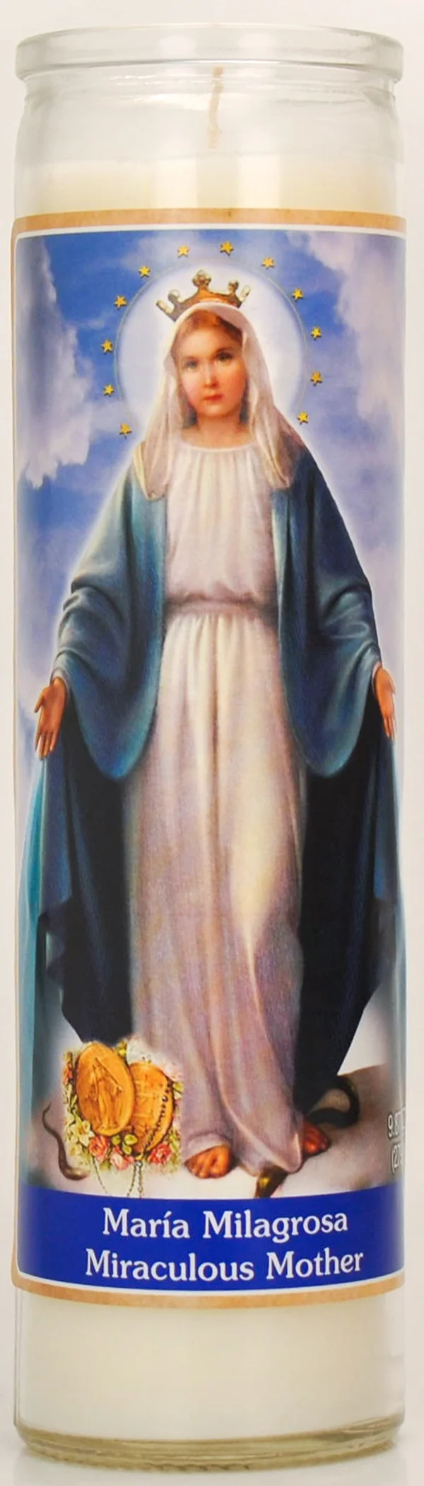 Prayer Candle Maria Milagrosa White Wax, 8 Inch