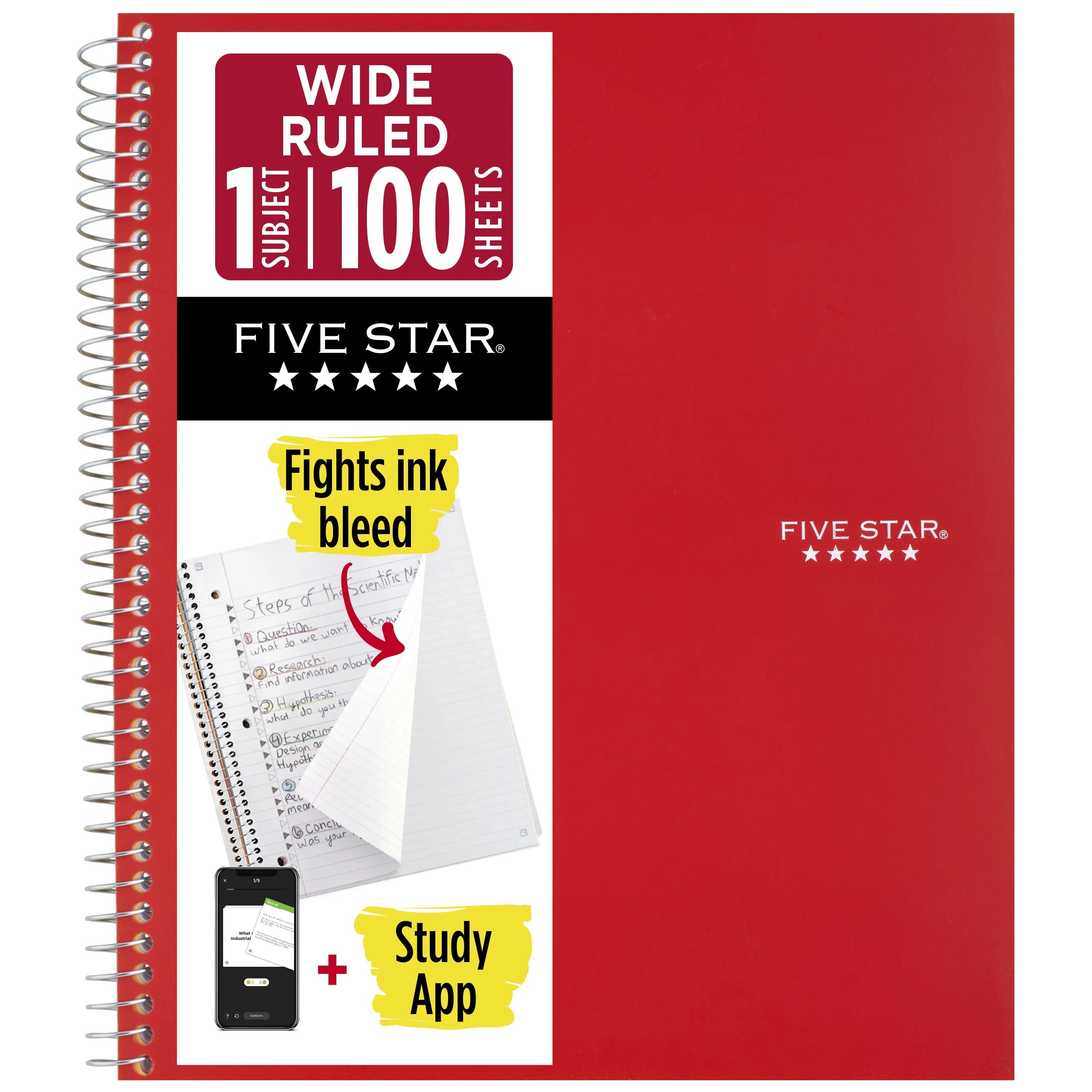 Five Star 1 Subject Wide Ruled Notebook Plus Study App, 8" x 10.5", Fire Red, Poly, Spiral, 100 Sheets