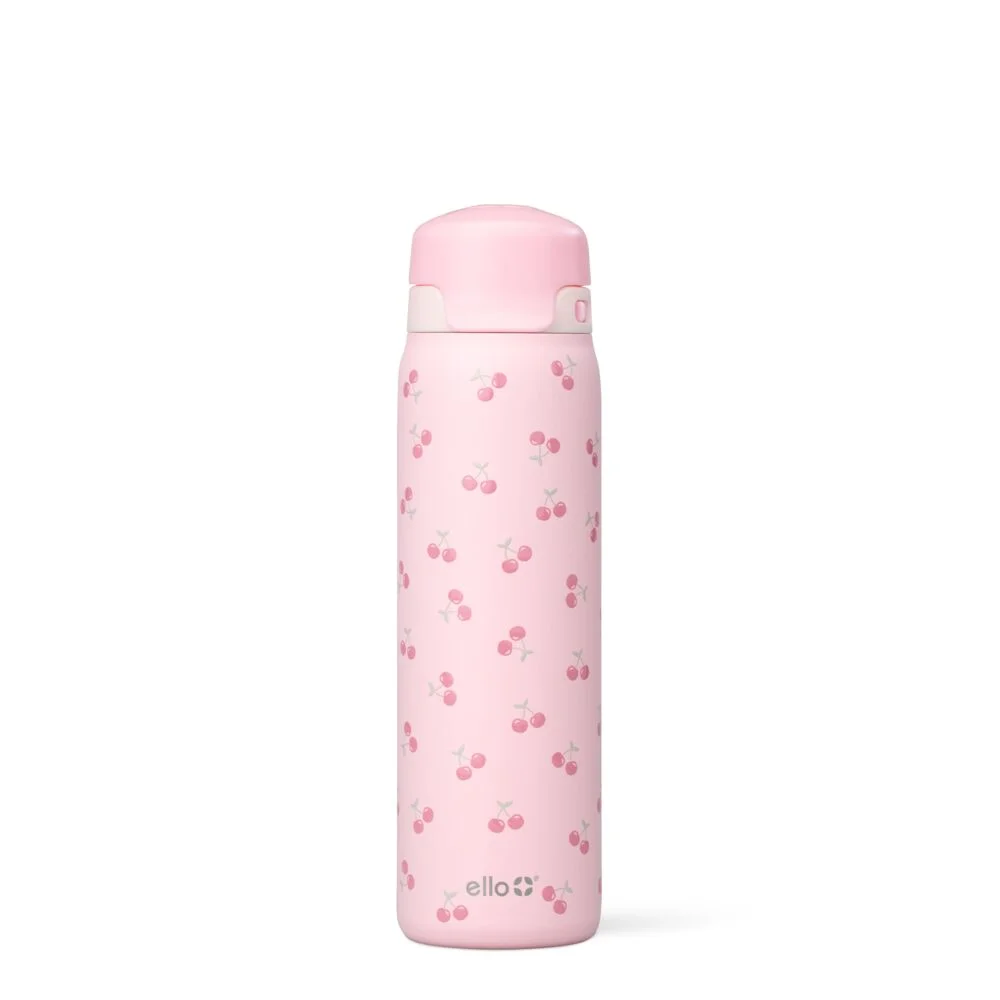 Ello Flip & Fill 22oz Insulated Stainless Steel Water Bottle with Leak-Proof Straw Lid, Cherries