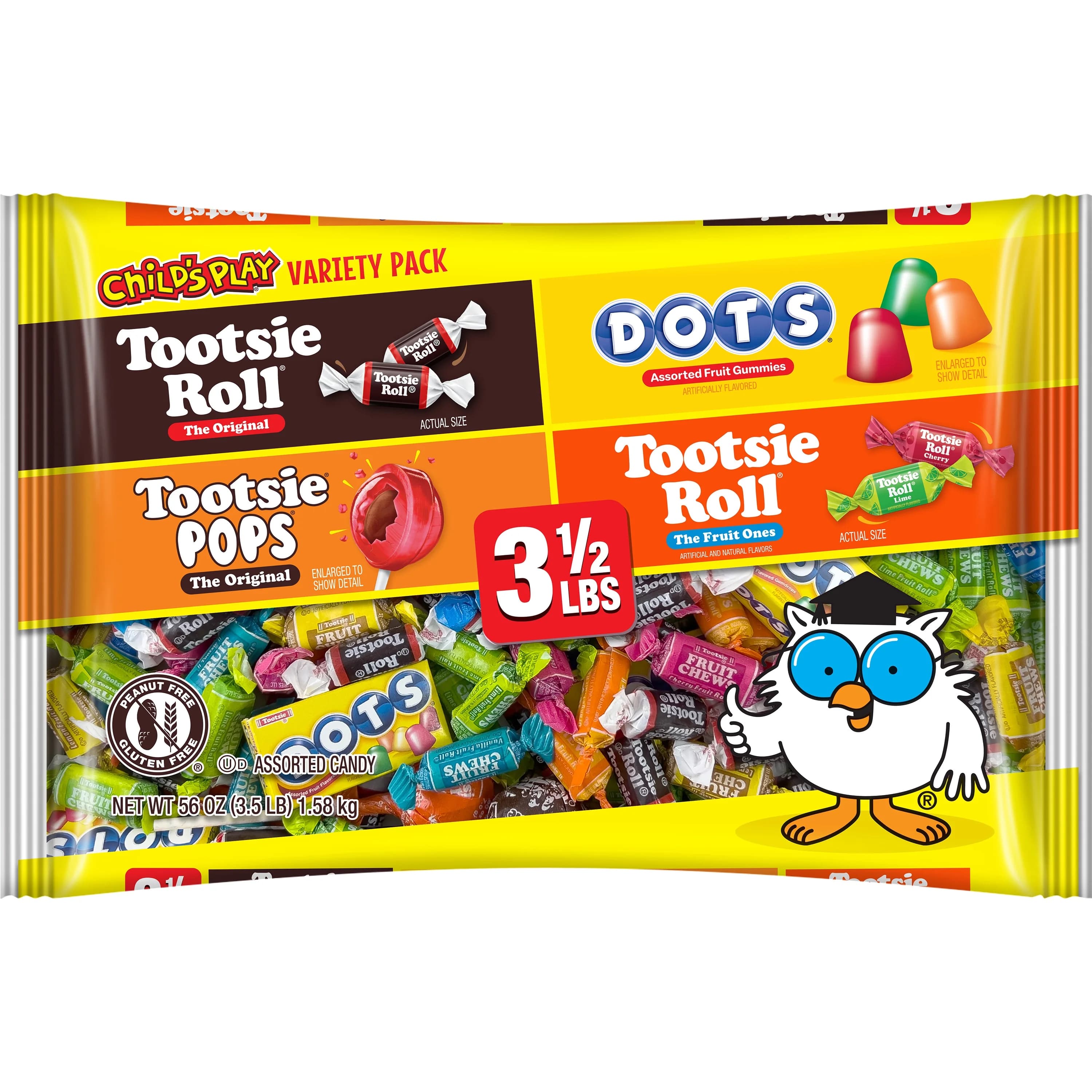 Tootsie Child's Play, Assorted Candy, 56 oz. Individually Wrapped, Peanut Free, Gluten Free, Contains Milk.