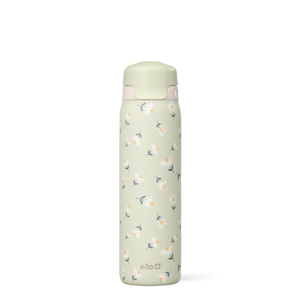 Ello Flip & Fill 22oz Insulated Stainless Steel Water Bottle, Leak-Proof Straw Lid, Green Daisies
