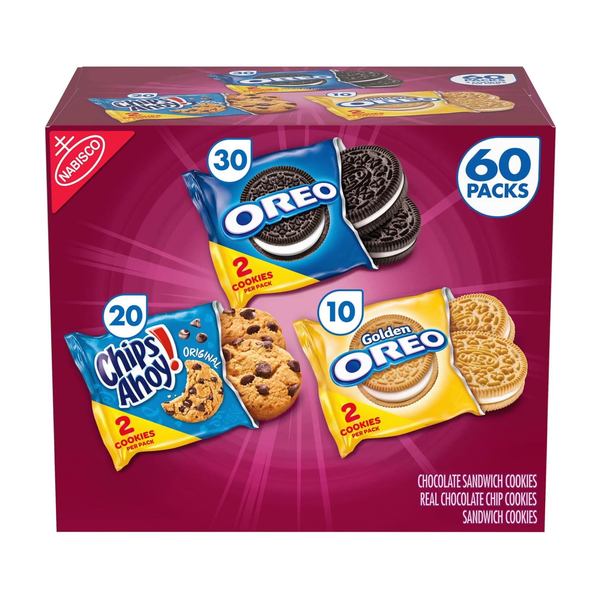 Nabisco Sweet Treats Cookie Variety Pack Oreo Oreo Golden and Chips Ahoy 60 pcs Individually Pack for Kids Adults Snacks Lunchbox Office Convenient and On the Go Snacking (1 Box) — view 2